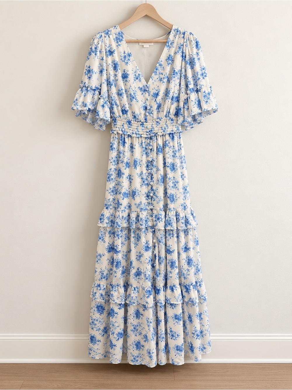 Baltic Born Blue & White Floral Ruffle Tiered Maxi Dress